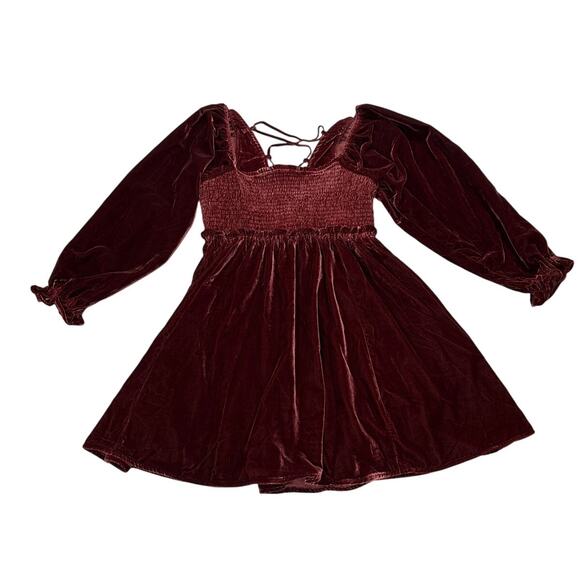 Free People Women Small Daphne Velvet Sleeve Mini Dress Roan Rouge Boho Western - Picture 3 of 12